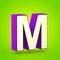 Superhero violet and beige letter M uppercase isolated on lime background.