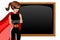 Superhero woman crossed arms blank blackboard or chalkboard