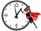 Superhero woman flying and stopping time isolated