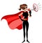 Superhero woman standing speaking megaphone isolated