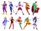 Superheroes characters. Cartoon heroes mascots set, strong men and women group in tight fitting color costumes