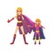Superheroes mom stands holds daughter hand and shows class together