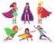 Superheroes women characters. Wonder female hero character in superhero costume with waving cloak. Super girls cartoon
