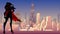 Superheroine standing tall city silhouette
