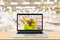Supermarket aisle blurred background with laptop computer and shopping basket on wood table grocery online concept