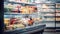 supermarket aisle with colorful shelves in shopping mall interior for background, Blurred background.