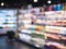 Supermarket aisle Product shelf Interior perspective Retail business Blur background