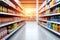 Supermarket aisle and shelves blurred background brigh, created with Generative AI technology