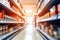 Supermarket aisle and shelves blurred background brigh, created with Generative AI technology