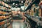 Supermarket Aisles with Colorful Products in Soft Focus Background