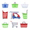 Supermarket cart and basket shopping trolleys isolated objects