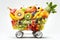 A supermarket cart full of different fruits and vegetables. White background