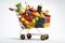 A supermarket cart full of different fruits and vegetables. White background