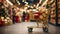 A supermarket cart with gold and red boxes of Christmas and New Year gifts between the supermarket\\\'s festive shelves. ,