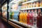 Supermarket coolers displaying soft drink bottles, forming a blurred abstract background