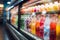 Supermarket coolers displaying soft drink bottles, forming a blurred abstract background