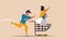Supermarket customer and funny buy with people. Commerce trolley and paying to mall vector illustration concept. Grocery