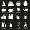 Supermarket department icons set. 16 pieces. Strip style. White color. Isolated on black background. Vector