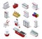 Supermarket equipment isometric set vector illustration. Interior furnishing for grocery retail