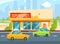 Supermarket exterior. Modern urban buildings, Cityscape with mall. Parking with cars. Vector illustration set