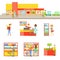 Supermarket Exterior And People Shopping Set Of Illustrations