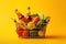 Supermarket grocery basket with food and drinks on a yellow background. Generative AI