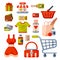 Supermarket grocery shopping retro cartoon icons set with customers carts baskets food and commerce products isolated