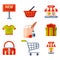 Supermarket grocery shopping retro cartoon icons set with customers carts baskets food and commerce products isolated