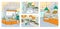 Supermarket interior hand drawn colorful illustrations set. Grocery store fish, bread, fruit, vegetable departments with