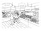 Supermarket interior in hand drawn style. Grocery store, vegetable department. Vector black and white illustration.