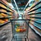 Supermarket rush Blurry shopping cart in the bustling department store scene