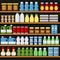 Supermarket. Shelfs Shelves with Products and Drinks. Vector