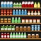 Supermarket. Shelfs Shelves with Products and Drinks. Vector