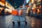 Supermarket spree Shopping cart against blurred store bokeh backdrop captures retail ambiance