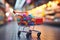 Supermarket spree Shopping cart against blurred store bokeh backdrop captures retail ambiance