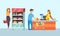 Supermarket Store Cashier and Customers Vector