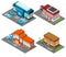 Supermarket stores buildings isometric icons set