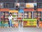 Supermarket woman customer with shopping trolley cart buying vegetables grocery market interior flat horizontal
