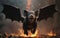 A supernatural creature with bat wings flies in front of a fire