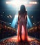 Superstar famous VIP female person on red carpet under the strobe lights and confetti, back lit silhouette generative ai