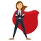 Superwoman in formal office suit with red tie and cloak