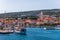 Supetar city in Brac island, Croatia. View from the sea. Picturesque scenic view on Supetar on Brac island, Croatia. Panoramic