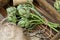 Supplies and materials for artichoke bouquet on wooden background. Top view.