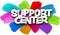 Support center paper word sign with colorful spectrum paint brush strokes over white