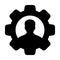 Support icon vector male user person profile avatar with gear cogwheel for settings and configuration in flat color glyph