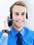 Support phone male operator in headset, blue shirt and tie. Help service and client consulting call center