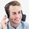 Support phone male operator or sales agent in headset