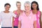 Supportive group of women wearing pink tops and breast cancer ribbons