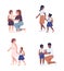 Supportive parenting and first graders semi flat color vector characters set