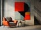 Suprematism style interior design of modern living room with armchair and wall with abstract geometric shapes